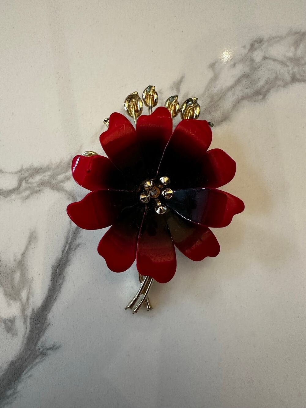 Signed Vintage Coro Red & Black Ombre Enamel Flower Brooch